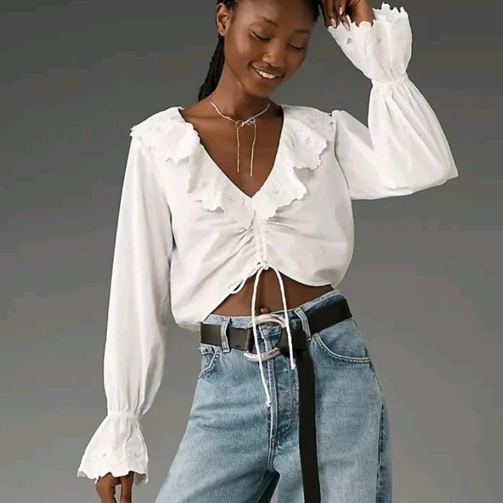 Maeve White Ruffled V-Neck Drawstring Blouse